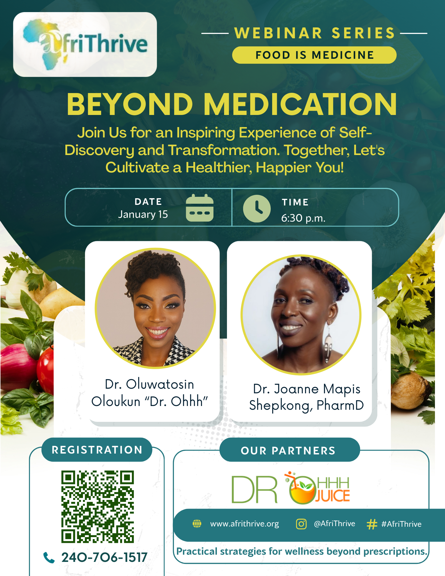 AfriThrive Food is Medicine webinar flyer for Beyond Medication on January 15, 2026 at 6:30 p.m. featuring Dr. Oluwatosin Oluokun and Dr. Joanne Mapis Shepkong.